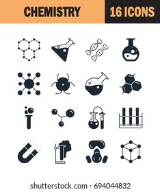 Chemistry icon set. Collection of science silhouette icons. 16 high quality logo of laboratory on white background. Pack of symbols for design website, mobile app, printed material, etc.