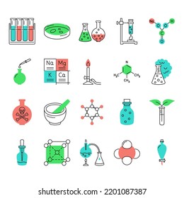Chemie-Symbol im farbigen Linienstil. Chemische Laborgeräte und Symbole. Vektorgrafik.