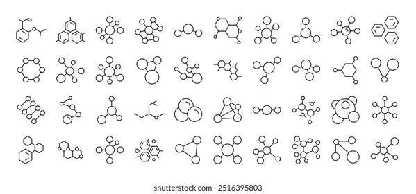 Conjunto de ícones de química. Contém ícones de átomos e compostos químicos que podem ser usados para o design de cartões, posts, aplicativos, sites