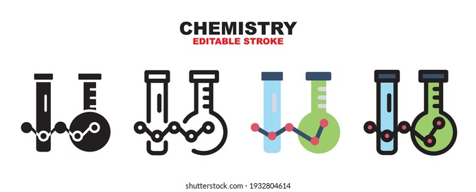 Chemistry icon set with different styles. Colored vector icons designed in filled, outline, flat, glyph and line colored. Editable stroke and pixel perfect. Can be used for web, mobile, ui and more.