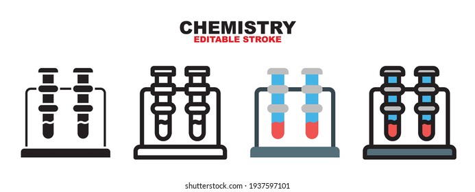 Chemistry icon set with different styles. Colored vector icons designed in filled, outline, flat, glyph and line colored. Editable stroke and pixel perfect. Can be used for web, mobile, ui and more.