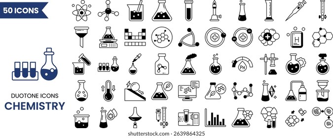 Chemistry icon set in duotone style. Containing test flask, test tube, chemistry lab, experiment, chemical bond, atom, molecule and more. Vector illustration
