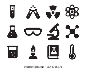 Chemistry icon set with flasks, molecules, beakers, test tubes, and lab equipment in modern flat style for science and education design.