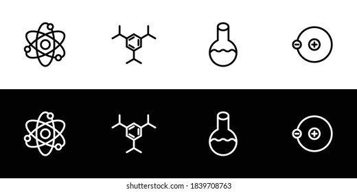 Icon für Chemie. Flaches Design-Symbol-Sammlung einzeln auf schwarz-weißem Hintergrund. Atom, Molekül, Laborgläser, Proton und Elektron.