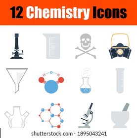 Conjunto de iconos de química. Diseño plano. Ilustración vectorial totalmente editable. Texto expandido.