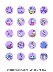 Conjunto de iconos de química. Fórmula de molécula de adn, reacción química, experimento científico, laboratorio médico. Conjunto de iconos de Vector para la investigación de laboratorio, biología, concepto de ciencia
