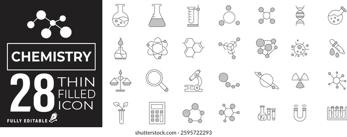 Chemistry Icon Set – Molecules, Atoms, Laboratory Equipment, Chemical Reactions, and Science Symbols