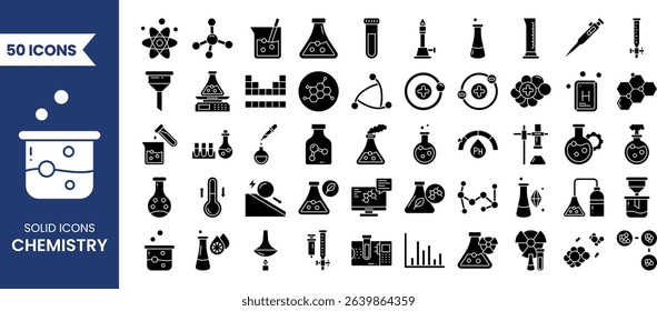 Chemistry icon set in solid style. Containing test flask, test tube, chemistry lab, experiment, chemical bond, atom, molecule and more. Vector illustration