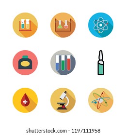 chemistry icon set. vector set about ampoul, physics, microscope and ink icons set.