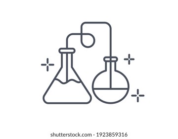Chemistry icon showing the distillation process of liquids to separate them by heating and condensation, line drawn vector illustration isolated on white backgrond