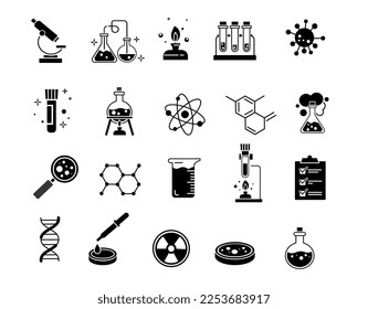 Chemistry icons black set. Collection of graphic elements for website. Scientific experiments in laboratory, flask with substance. Cartoon flat vector illustrations isolated on white background