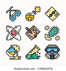 Chemische Ikonenfarbe, moderne Solid-Symbol-Sammlung, Chemisches Experiment gefüllt Stil Piktogramm-Pack. Set enthält Symbole wie chemisches Teströhrchen, Laborgläser