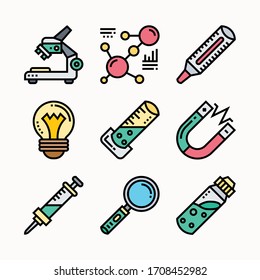 Chemistry icons color, modern solid symbol collection, Chemical experiment filled style pictogram pack. Set includes icons as chemical test tube, laboratory glassware