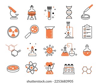 Iconos de química en color. Tubo de ensayo, microscopio y matraz con sustancia química. Estructura molecular y átomo, experimentos en laboratorio. Ilustraciones de caricaturas de vectores planos aisladas en fondo blanco