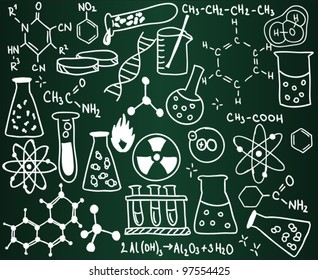 Chemistry icons and formulas on the school board