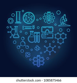 Chemistry icons in heart shape vector blue illustration in thin line style on dark background