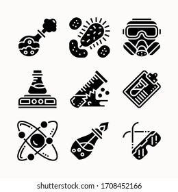 Iconos de química, colección moderna de símbolos sólidos, Paquete de pictogramas de estilo químico relleno. El conjunto incluye iconos como tubo de ensayo químico, vidrio de laboratorio
