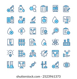 Chemistry icons. Outline symbols. Vector blue line icons set