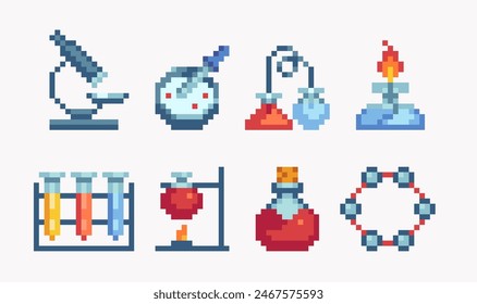 Chemistry icons pixel art set. Laboratory, biological equipment collection. Chemical reaction. Molecule, atom chain 8 bit. Game development, mobile app. Isolated vector illustration. 
