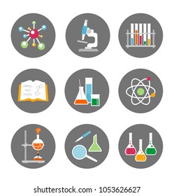 Chemistry icons. Science and education circle icons. Vector illustration. Back to school. 