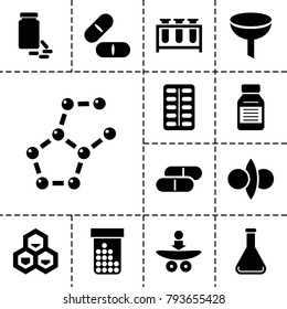 Chemistry icons. set of 13 editable filled chemistry icons such as filter, pill, medicine, test tube, bottle pills, chemical structure, atom fusion