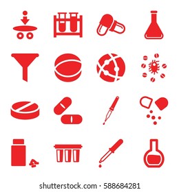 chemistry icons set. Set of 16 chemistry filled icons such as test tube, pipette, pill, medicine, atom, virus and pills