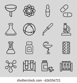 Chemistry icons set. set of 16 chemistry outline icons such as test tube, pipette, pill, medicine, atom, medical ampoule, filter