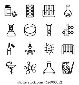 Chemistry icons set. set of 16 chemistry outline icons such as paints, pill, ampoule, medicine, test tube, atom