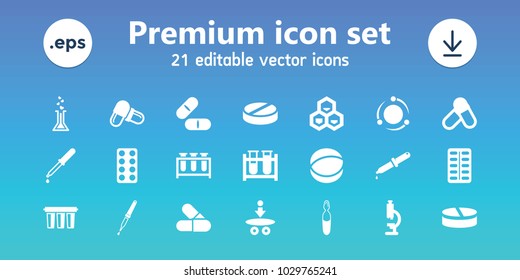 Chemistry icons. set of 21 editable filled chemistry icons includes microscope, pill, test tube, pipette, atom, medical ampoule, filter, chemical structure