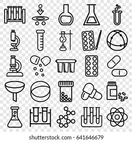 Chemistry icons set. set of 25 chemistry outline icons such as paints, test tube, pill, medicine, heart test tube, atom, filter, microscope