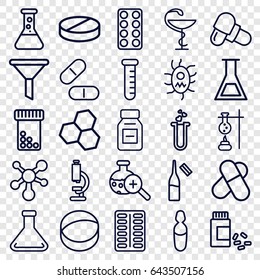 Chemistry icons set. set of 25 chemistry outline icons such as pill, ampoule, medicine, heart test tube, medical ampoule, test tube search, atom, test tube, virus and pills