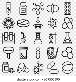 Chemistry icons set. set of 25 chemistry outline icons such as paints, test tube, pill, medicine, medical ampoule, atom, virus and pills, filter, microscope, atom fusion