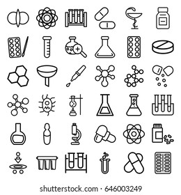 Chemistry icons set. set of 36 chemistry outline icons such as paints, test tube, pill, medicine, heart test tube, medical ampoule, pipette, test tube search, virus and pills