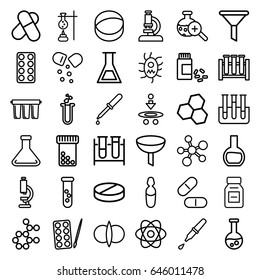 Chemistry icons set. set of 36 chemistry outline icons such as paints, test tube, pipette, pill, medicine, heart test tube, medical ampoule, test tube search, atom