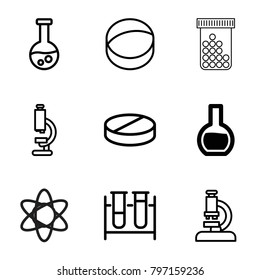 Chemistry icons. set of 9 editable outline chemistry icons such as test tube, microscope, pill, atom