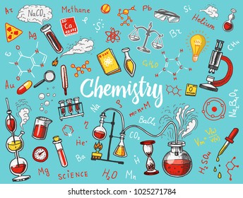 Chemistry of icons set. Chalkboard with elements, formulas, atom, test-tube and laboratory equipment. laboratory workspace and reactions research. science, education, medical. engraved hand drawn.