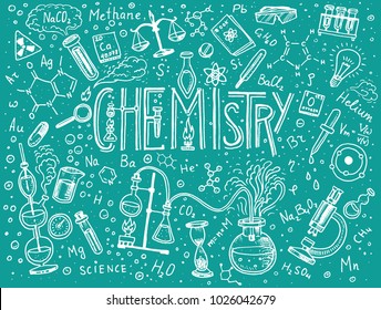 Chemistry of icons set. Chalkboard with elements, formulas, atom, test-tube and laboratory equipment. laboratory workspace and reactions research. science, education, medical. engraved hand drawn.
