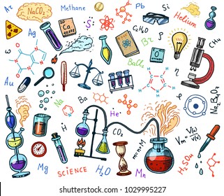 Chemistry of icons set. Chalkboard with elements, formulas, atom, test-tube and laboratory equipment. laboratory workspace and reactions research. science, education, medical. engraved hand drawn.