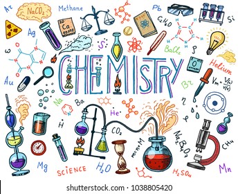 Chemistry of icons set. Chalkboard with elements, formulas, atom, test-tube and laboratory equipment. laboratory workspace and reactions research. science, education, medical. engraved hand drawn.