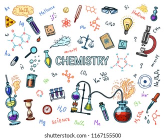 Chemistry of icons set. Chalkboard with elements, formulas, atom, test-tube and laboratory equipment. laboratory workspace and reactions research. science, education, medical. engraved hand drawn.