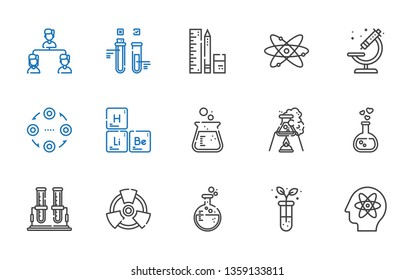 chemistry icons set. Collection of chemistry with atom, test tube, flask, radiation, love potion, periodic table, structure, microscope. Editable and scalable chemistry icons.