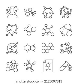 Iconos de química establecidos. Colección de estructuras, moléculas químicas. formas abstractas. Línea con trazo editable