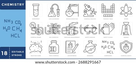 Chemistry icons set. Experiment, tools, lab glasswares, analysis, compound, reaction, lab, research, chemist, and many more. Vector editable stroke.