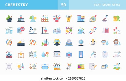 Chemistry icons set flat color of vector icons. Can used for digital product, presentation, UI and many more.