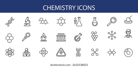Chemistry Icons Set – Laboratory Equipment, Molecules, Science Symbols.