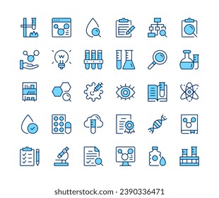 Iconos de química establecidos. Iconos de la línea del vector. Símbolos de trazo de contorno de color azul. Conceptos modernos