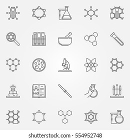 Chemistry icons set. Vector thin line science symbols. Chemical linear signs or logo elements