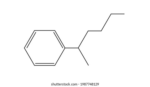 Chemistry illustration of 2-Phenylhexane structure ( molecular structure of Phenyl hexane compound)  12H18, aromatic hydrocarbon. It can be produced by a Friedel-Crafts alkylation. Aromatic compound