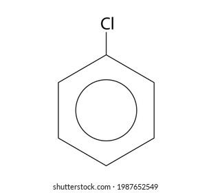 Chemistry illustration of Chlorobenzene structure, aromatic organic compound with colorless, flammable liquid with an aromatic, almond-like odor, chemical formula C6H5Cl, benzene with one chlorine 