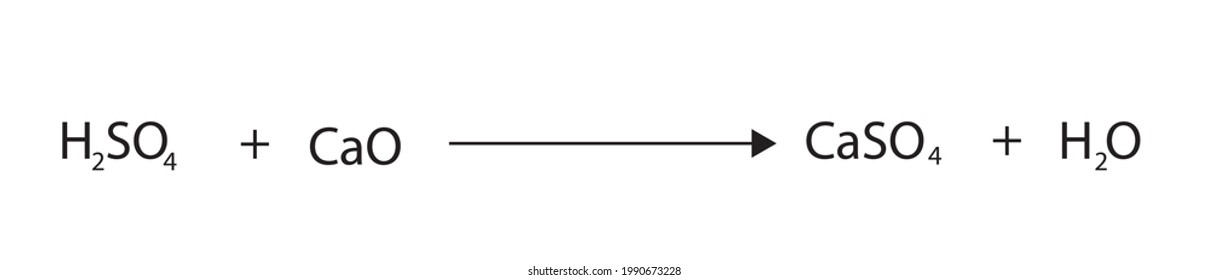 Chemistry illustration of Sulfur and calcium oxide reaction, sulfuric and calcium oxide, metal oxide and strong acid reaction, calcium sulphate formula with water molecules. 